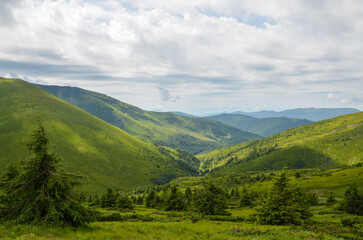 Breathtaking view of verdant valley surrounded by lush hills and forested landscapes under a cloudy sky. Perfect for nature, serenity, and outdoor exploration themes. Carpathian Mountains, Ukraine