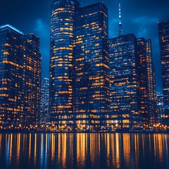 Illuminated city skyline reflections shimmering on a calm body of water