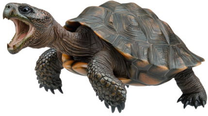 Detailed Close-up of a Realistic Turtle with Open Mouth and Intricate Shell Texture