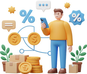 Man Using Smartphone for Online Banking and Finance App Digital Money Transaction and Percentage Discount