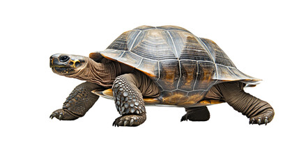 Fototapeta premium Detailed Side View of a Realistic Tortoise Crawling on a Black Background