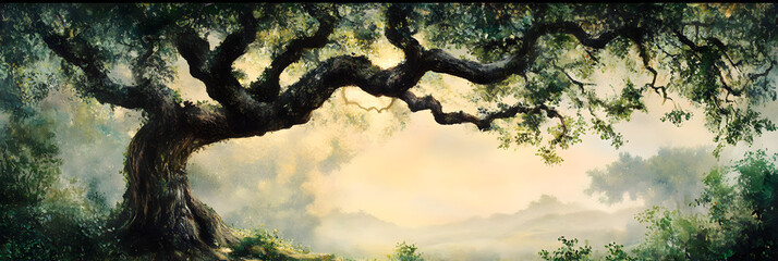 Majestic Tree in Lush Greenery with Sunlit Canopy and Serene Hills in the Horizon