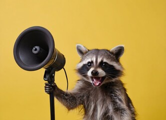 a single happy racoon with loudspeaker in plain vivid yellow background with copy space. Black friday sales, holiday sales, advertisement banner (1)