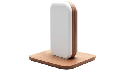 Minimalistic Wireless Charger with Wood Base and Smooth White Surface Design for Modern Spaces