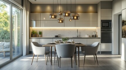 An airy kitchen-dining blend with soft gray tones, warm natural lighting, and neutral textiles on the dining chairs