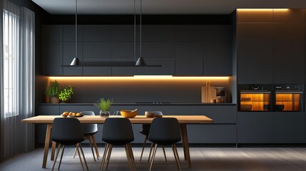 An elegant modern kitchen-dining combination with warm gray cabinets, a sleek wooden dining table, and simple lighting