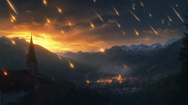 A panoramic view of a mountainous region where meteor trails create luminous arcs against the twilight with a village nestled in the valley oblivious to the celestial chaos above.