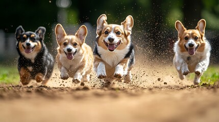 Happy Welsh Corgis running in park, kicking up dirt with excitement. Energetic dogs in motion with joyful expressions. Fun outdoor celebration for National Welsh Corgi Day