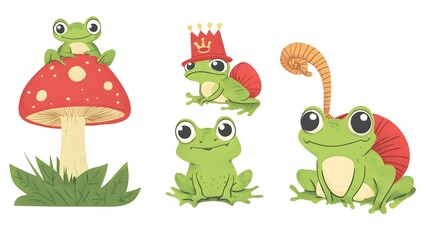 Adorable Collection of Frogs: Frog Wearing Crown on Red Background - Stock Photo