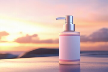 Elegant dispenser bottle for cosmetic product on backdrop of serene sunset