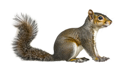 Obraz premium Realistic close-up of a grey squirrel sitting with a fluffy tail and expressive features