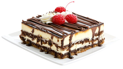 Delicious layered chocolate dessert with fresh raspberries and whipped cream on a white plate