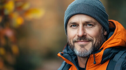 Man in Warm Gear Enjoys the Tranquility of an Autumn Forest Walk