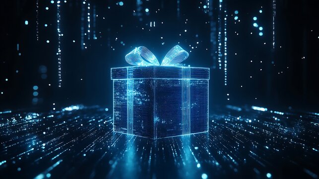 High tech wrapped surprise glowing inside digital reality box image