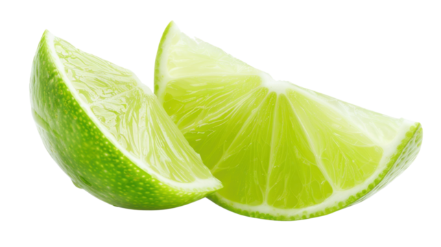 Two slices of fresh lime hovering on transparent background