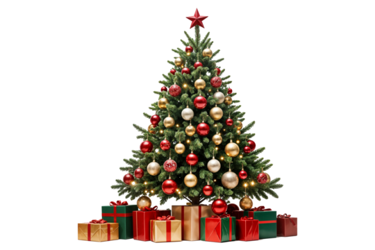 decorated christmas tree with presents for new year isolated on png transparent background árbol de navidad decorado con regalos de año nuevo aislado en png fondo transparente yılbaşı çam ağacı