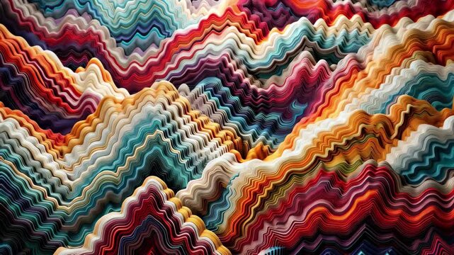 Colorful zig zag patterns create a vibrant display with layered hues and textures resembling abstract landscapes, inviting creativity and imagination for contemporary art lovers
