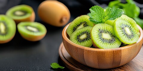 Fresh kiwi fruits in a wooden bowl on a rustic table, healthy food concept  