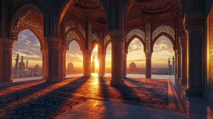 Obraz premium A mosque with Islamic patterns on the walls, illuminated by sunlight at sunset. The scene is captured in high resolution with an ultra-realistic style, showcasing intricate details of architecture and