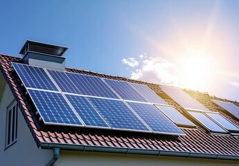 Photo of solar panels on the roof on a sunny day, a photovoltaic installation and a modern house with a red tile roof, the sun shining through the sky, against a blue background.