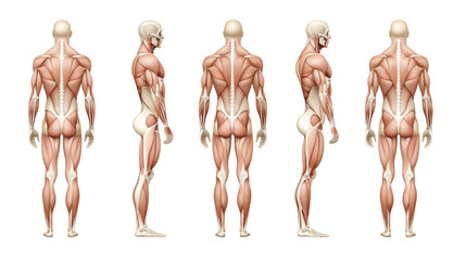 Detailed Human Muscle Anatomy Illustration from Multiple Angles Showcasing Muscular Structure