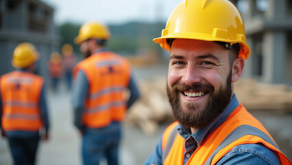 Smiling Bearded Construction Worker with Safety Helmet and Vest on Job Site
