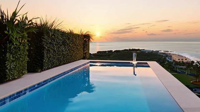 Infinity pool on rooftop terrace overlooking ocean and coastal landscape at sunset with hedges and tropical plants. Luxury vacation and summer travel concept. Design for postcard, wallpaper, banner