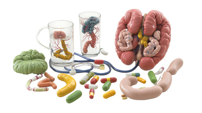 Colorful 3D Model of Human Digestive System with Organs, Pills and Glass Jars with Pathways