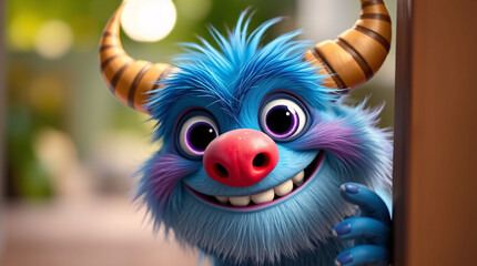 Naklejka premium A playful blue monster with horns, big eyes, and a wide smile, peeking from behind a door.