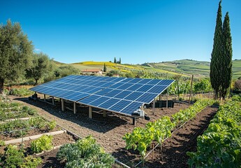 Solar panels on the ground in front of a vegetable garden, a clear blue sky with no clouds or sun visible.