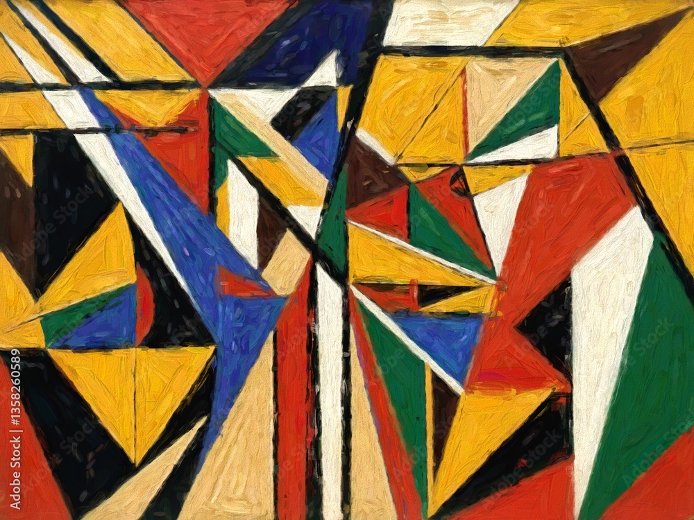 Poster Abstract Geometric Painting. This abstract painting features a vibrant composition of geometric shapes, primarily triangles and rectangles, arranged in a dynamic and overlapping manner.
