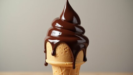 close ice cream cone scoop chocolate ice cream top ice cream light brown color appears soft serve cone waffle cones placed wooden surface top cone covered thick layer chocolate sauce which dripping