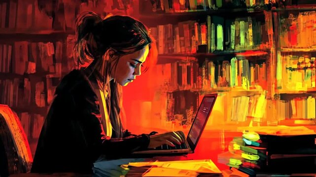 Young Business Woman Focused on Laptop in Cafe Setting Generative AI
