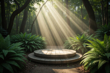 Wooden Podium in Sunlit Rainforest