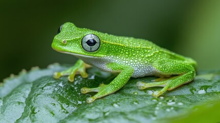Fototapeta premium Vibrant Green Frog on Dew-Kissed Leaf
