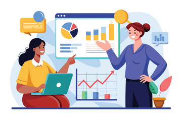 A woman coach provides insights on statistics and data to an employee while analyzing graphs and charts, Woman coach explaining statistics to employee, graph, marketing