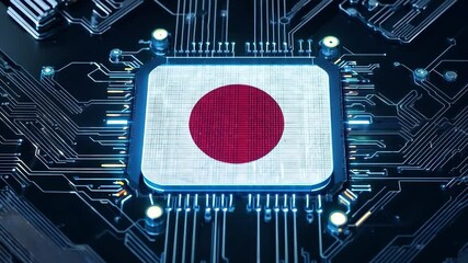Microchip with Japanese flag on digital circuit board representing national technology and innovation. High-tech industry and global electronics concept. Design for banner, poster, wallpaper, header.  - Powered by Adobe