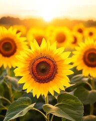 Obraz premium Breathtaking Golden Sunflower Field for Nature Lovers. Stunning Golden Sunflower Field with Warm Glow. Vibrant sunflower field at sunset