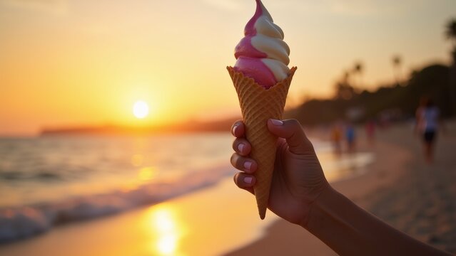 hand holding ice cream cone beach sunset cone waffle cones has pink white swirl top sun setting background casting warm orange glow over horizon beach sandy palm trees right side people seen walking