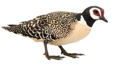 Fototapeta premium Vibrant Spotted Bird with Unique Features Perched on Ground in Natural Habitat Setting