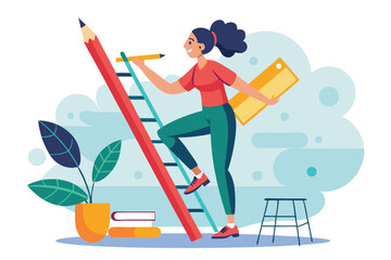 Fototapeta premium A woman sketching a ladder with a pencil while engaging with her creative environment, Woman draws ladder with pencil and climbs up it,