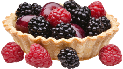Fresh Fruit Tart with Raspberries, Blackberries, and Cherries on a White Background