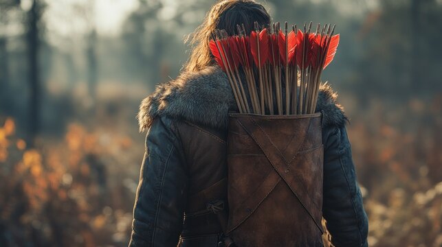 Archer in autumnal forest.  A person, back view, wearing medieval-style clothing, carrying a quiver full of arrows, stands in a sunlit forest