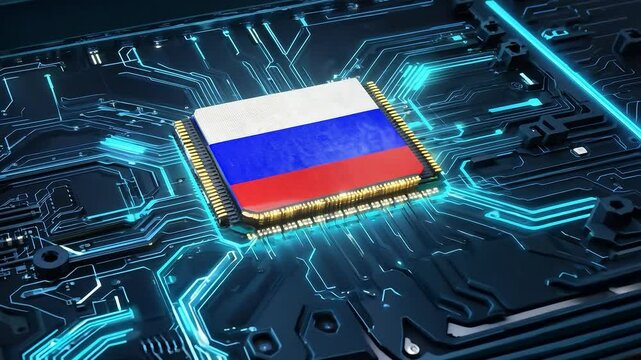 Microchip with Russian flag integrated into electronic circuit board with glowing connections and dark futuristic background. National technology and digital industry concept. Design for banner, poste