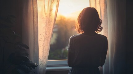 Golden Hour Solitude: A Woman Gazing Out a Window at Sunset