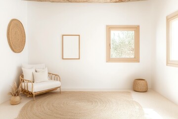 Bright and minimalistic interior design featuring a cozy rattan sofa, natural textures, and neutral colors, perfect for a serene home ambiance and relaxation