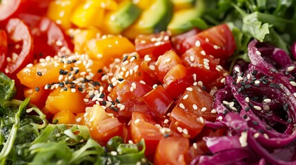 Rainbow poke bowl color focus monochrome Hawaiian lunch spot sesame seeds