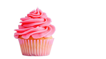 Delicious cupcake with pink frosting and decorative swirl on top against a white background