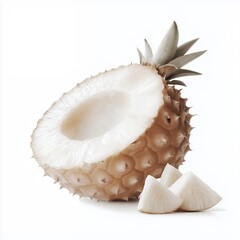 Halved Pale Yellow Pineapple with Slices on White Background