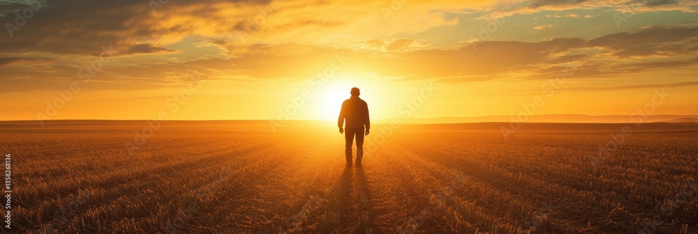 Aufkleber silhouette of a farmer in a vast field at sunrise with golden light rays illuminating the horizon ge